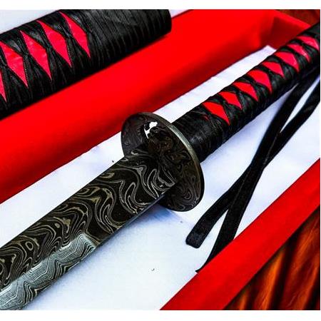EL YAPIMI ÜST DÜZEY VİP ÖZEL ÜRETİM KUTULU DAMASCUS ÇELİK DERİ KIN’LI 90 CM KATANA KOD:CKR587-10