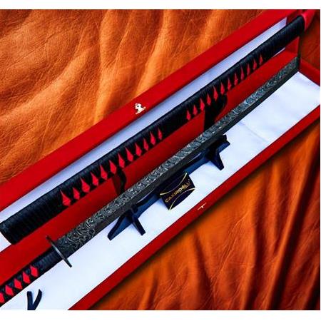 EL YAPIMI ÜST DÜZEY VİP ÖZEL ÜRETİM KUTULU DAMASCUS ÇELİK DERİ KIN’LI 90 CM KATANA KOD:CKR587-10