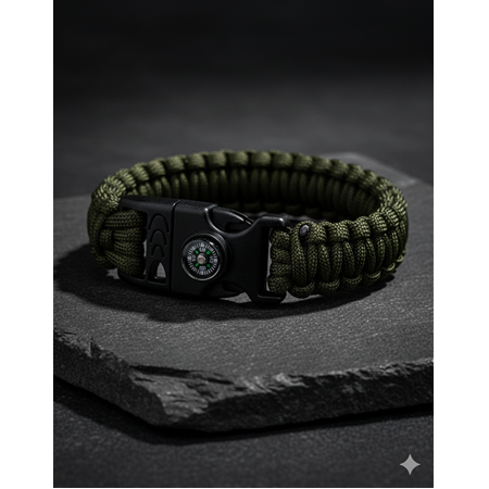 PUSULALI VE DÜDÜKLÜ PARACORD HAKİ RENK HAYATTA KALMA BİLEKLİĞİ KOD:CKR649