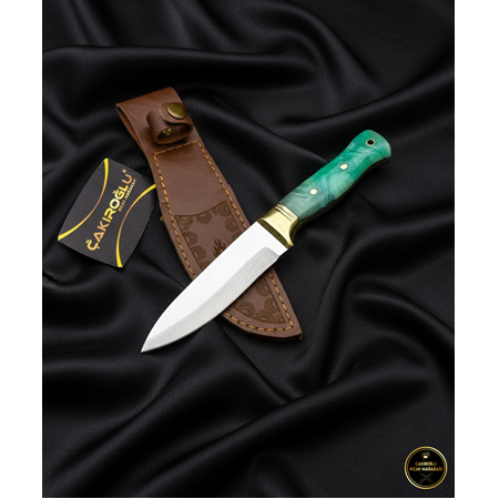 EL YAPIMI YERLİ ÜRETİM EPOKSİ KEHRİBAR KABZE PİRİNÇ BALÇAKLI BUSHCRAFT AV KAMP BIÇAĞI KOD:CKR503-06