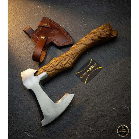 EL YAPIMI TAMAMEN ÜST DÜZEY ÖZEL EL İŞÇİLİĞİ ASLAN BAŞLI AVCI AV KAMP BALTASI KOD:CKR106