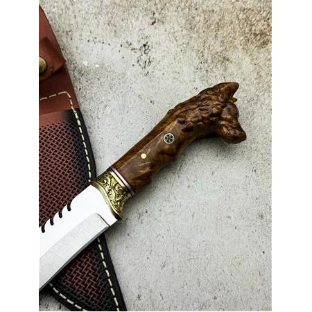 EL YAPIMI ÖZEL ÜRETİM KURT BAŞLI PİRİNÇ BALÇAKLI TIRTIKLI KÜÇÜK BOY AVCI AV KAMP BIÇAĞI KOD:0995-06