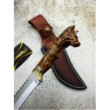 EL YAPIMI ÖZEL ÜRETİM KURT BAŞLI PİRİNÇ BALÇAKLI TIRTIKLI KÜÇÜK BOY AVCI AV KAMP BIÇAĞI KOD:0995-06