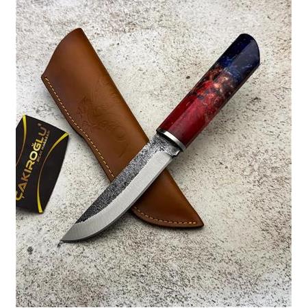 EL YAPIMI ÖZEL ÜRETİM PUKKO MODEL DÖVME ÇELİK EPOKSİ KEHRİBAR KABZELİ AV KAMP BIÇAĞI KOD:CKR647