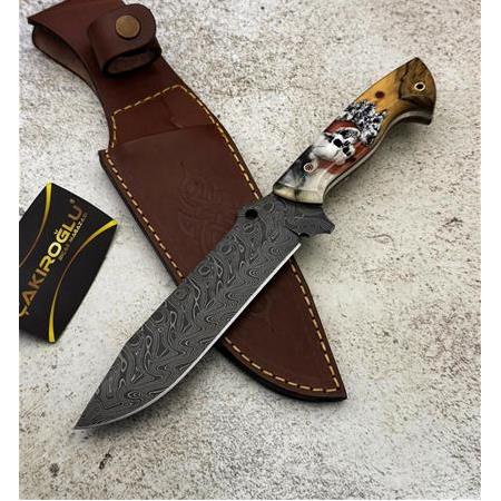 El Yapımı Yerli Damascus Çelik, Sıradışı Özel Kuru Kafa Kabzeli Kasatura Av Kamp Bıçağı