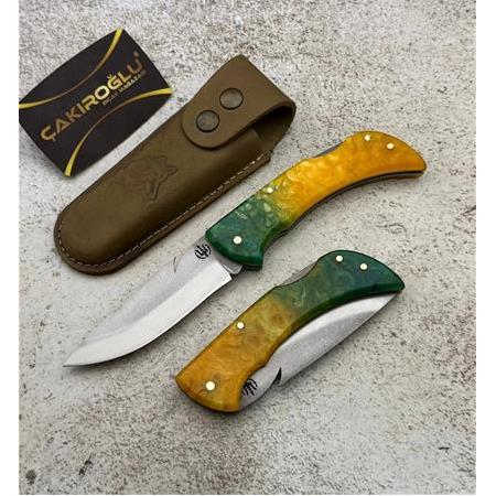 El Yapımı Yerli Üretim Epoksi Kehribar Kabzeli Sırttan Kilit Sistemli Av Kamp Çakısı Ckr715-08