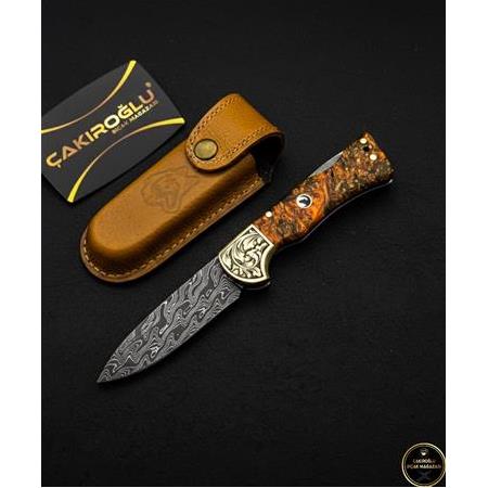 EL YAPIMI DAMASCUS ÇELİK STABİLİZE KABZELİ, SIRTTAN KİLİT MEKANİZMALI AV KAMP ÇAKISI KOD:CKR714-07