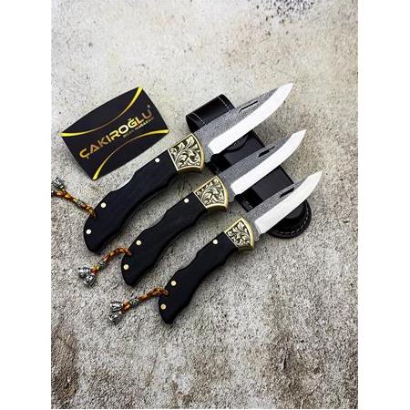 EL YAPIMI N690 BÖHLER ÇELİK GRAVÜRLÜ ÜST DÜZEY KİLİT MEKANİZMALI 3’LÜ SET AV KAMP ÇAKISI KOD:0850/36