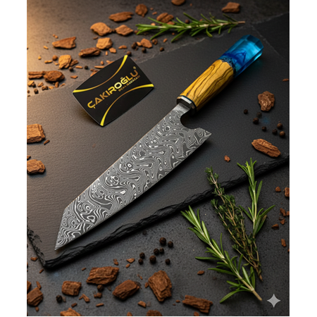 EL YAPIMI DAMASCUS ÇELİK ZEYTİN AĞACI VE EPOKSİ KABZELİ KİRİTSUKE ŞEF AŞÇI BIÇAĞI KOD:CKR717