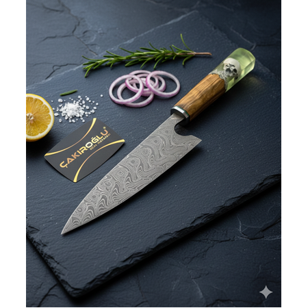 EL YAPIMI ÖZEL ÜRETİM DAMASCUS ÇELİK ZEYTİN AĞACI VE EPOKSİ KABZELİ ŞEF AŞÇI BIÇAĞI KOD:CKR716