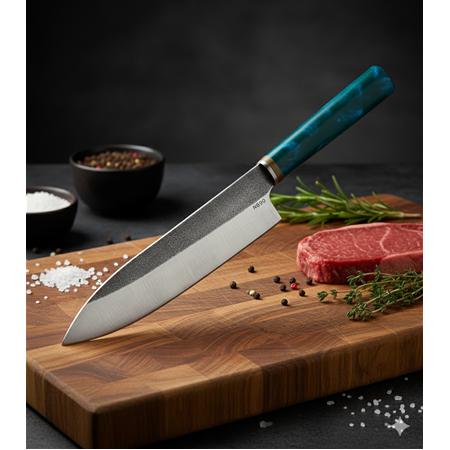 EL YAPIMI ÖZEL ÜRETİM N690 BÖHLER ÇELİK EPOKSİ KEHRİBAR KABZELİ PREMİUM ŞEF AŞÇI BIÇAĞI KOD:CKR712