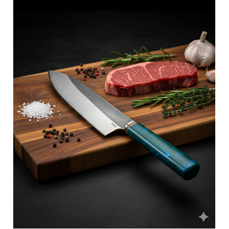 EL YAPIMI ÖZEL ÜRETİM N690 BÖHLER ÇELİK EPOKSİ KEHRİBAR KABZELİ PREMİUM ŞEF AŞÇI BIÇAĞI KOD:CKR712