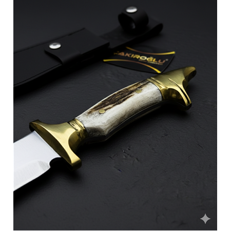 EL YAPIMI KURT BAŞLI GEYİK BOYNUZU KABZELİ PİRİNÇ BALÇAKLI SALLAMA PALA KAMP BIÇAĞI KOD:CKR504-04