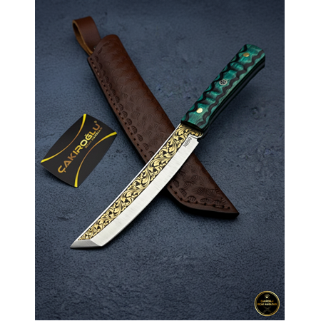 EL YAPIMI ÖZEL ÜRETİM 14 AYAR ALTIN İŞLEMELİ N690 BÖHLER TANTO MODEL LAMİNE KABZELİ AVCI KAMP BIÇAĞI