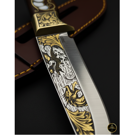 EL YAPIMI VİP ÖZEL ÜRETİM TÜRKİYEDE İLK VE TEK ÇALIŞMA 14 AYAR ALTIN İŞLEMELİ N690 AV KAMP BIÇAĞI