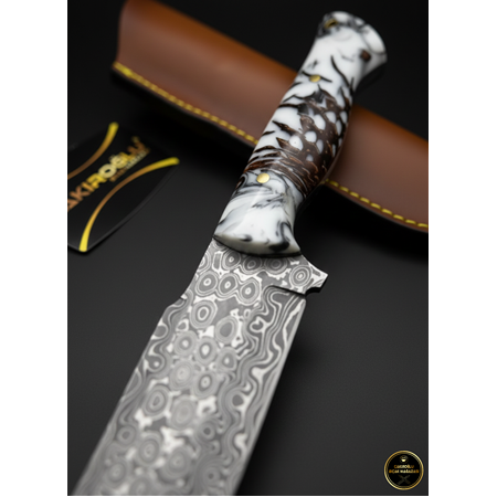 EL YAPIMI ÖZEL ÜRETİM DAMASCUS ÇELİK, BUZ SERİSİ EPOKSİ KABZELİ AV KAMP BIÇAĞI KOD:CKR3020-13
