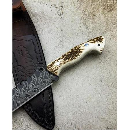 EL YAPIMI ÖZEL ÜRETİM DAMASCUS ÇELİK, GEYİK BOYNUZU KABZELİ KASATURA AV KAMP BIÇAĞI KOD:CKR614-03