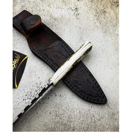 EL YAPIMI ÖZEL ÜRETİM DAMASCUS ÇELİK, GEYİK BOYNUZU KABZELİ KASATURA AV KAMP BIÇAĞI KOD:CKR614-03