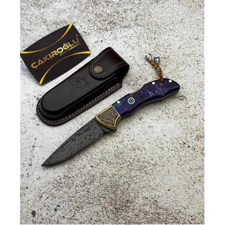 EL YAPIMI ÜST DÜZEY ÖZEL DAMASCUS ÇELİK GRAVÜR ÖNLÜKLÜ KİLİT MEKANİZMALI AV KAMP ÇAKISI KOD:0850/30