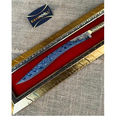 EL YAPIMI PREMİUM ÜST DÜZEY GOLD SERİSİ MIKNATISLI TABLOLU DAMASCUS ÇELİK YATAĞAN PALASI KOD:CKR653