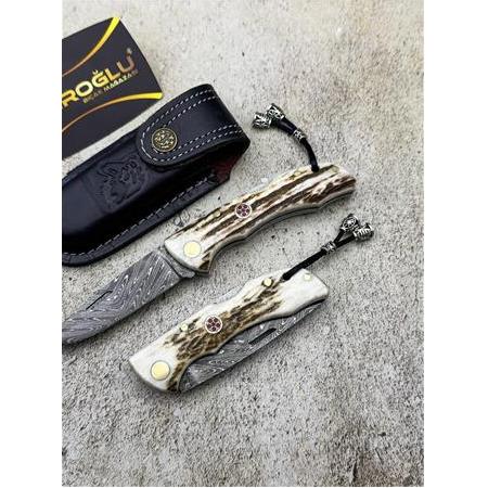 EL YAPIMI ÖZEL ÜRETİM KÜÇÜK BOY DAMASCUS ÇELİK, GEYİK BOYNUZU KABZELİ AV KAMP ÇAKISI KOD:0850/38