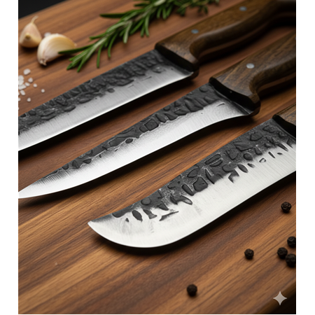 EL YAPIMI YERLİ ÜRETİM DÖVME KARBON ÇELİKTEN ÜRETİM 3'LÜ BIÇAK SETİ KOD:CKR702