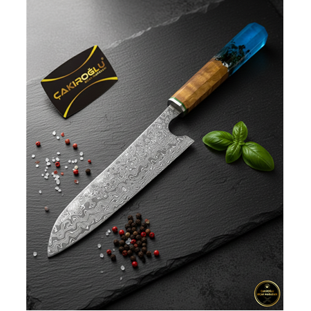 EL YAPIMI DAMASCUS ÇELİK ZEYTİN AĞACI VE EPOKSİ KABZELİ PROFESYONEL ŞEF AŞÇI BIÇAĞI KOD:CKR790-02