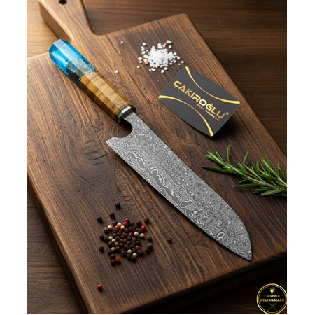EL YAPIMI DAMASCUS ÇELİK ZEYTİN AĞACI VE EPOKSİ KABZELİ PROFESYONEL ŞEF AŞÇI BIÇAĞI KOD:CKR790-02