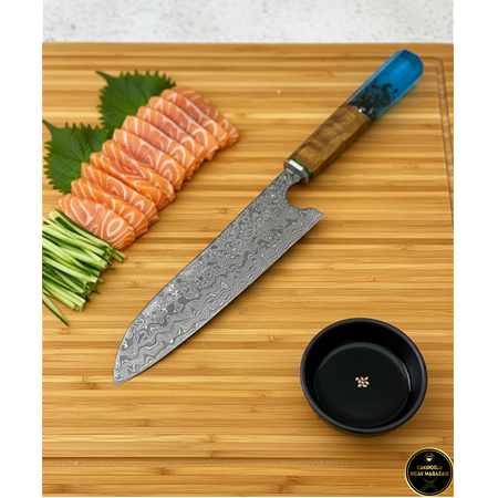 EL YAPIMI DAMASCUS ÇELİK ZEYTİN AĞACI VE EPOKSİ KABZELİ PROFESYONEL ŞEF AŞÇI BIÇAĞI KOD:CKR790-02