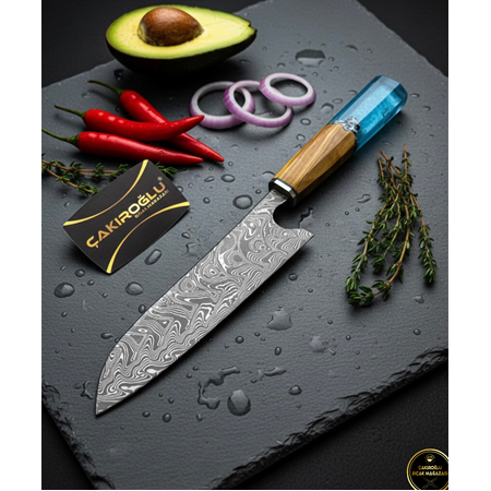 EL YAPIMI DAMASCUS ÇELİK ZEYTİN AĞACI VE EPOKSİ KABZELİ PROFESYONEL ŞEF AŞÇI BIÇAĞI KOD:CKR790