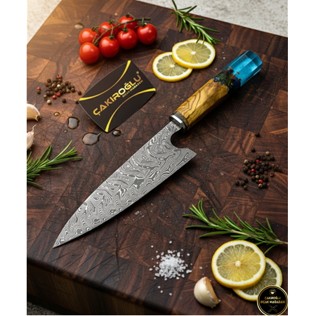 EL YAPIMI ÖZEL ÜRETİM DAMASCUS ÇELİK ZEYTİN AĞACI VE EPOKSİ KABZELİ ŞEF AŞÇI BIÇAĞI KOD:CKR716-02