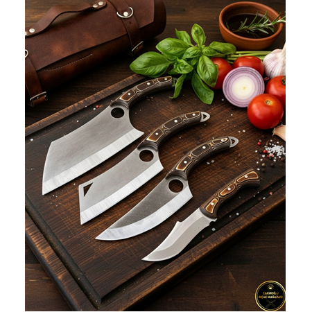 EL YAPIMI ÜST DÜZEY YERLİ ÜRETİM KORUMA ÇANTALI, VERZALİT KABZELİ PROFESYONEL BIÇAK SETİ KOD:CKR787