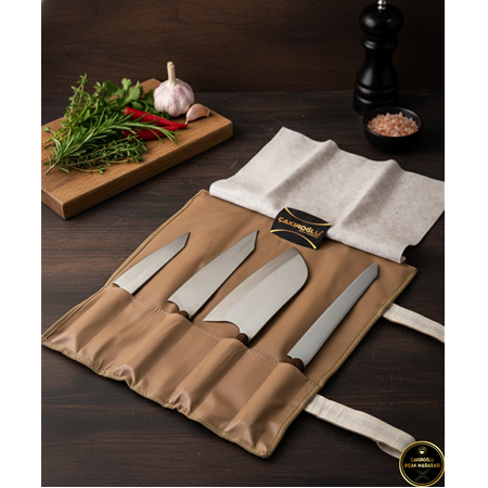 EL YAPIMI YERLİ ÜRETİM KORUMA ÇANTALI, KÖK CEVİZ KABZELİ PROFESYONEL ŞEF BIÇAĞI SETİ KOD:CKR697-04