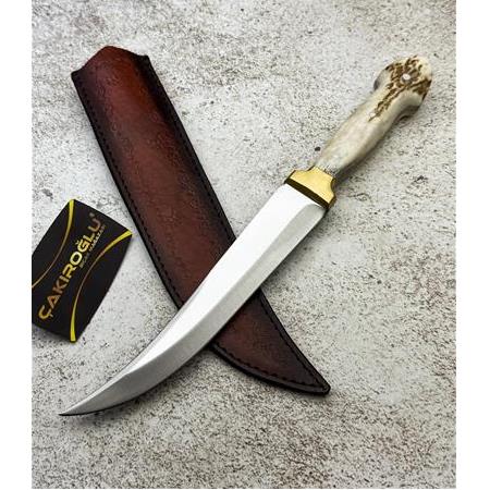 EL YAPIMI GEYİK BOYNUZU KABZELİ PİRİNÇ BALÇAKLI BÜYÜK HANÇER MODELİ AV KAMP BIÇAĞI KOD:CKR719-02