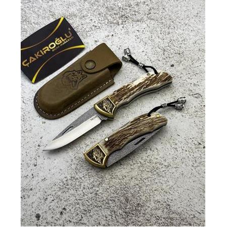 EL YAPIMI N690 BÖHLER ÇELİK GRAVÜRLÜ GEYİK BOYNUZU KABZELİ KÜÇÜK BOY AV KAMP ÇAKISI KOD:0850/43