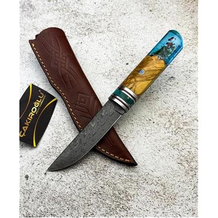 EL YAPIMI DAMASCUS ÇELİK ÖZEL DİZAYN EPOKSİ HİBRİT KABZELİ PUKKO MODEL AV KAMP BIÇAĞI KOD:CKR586-06