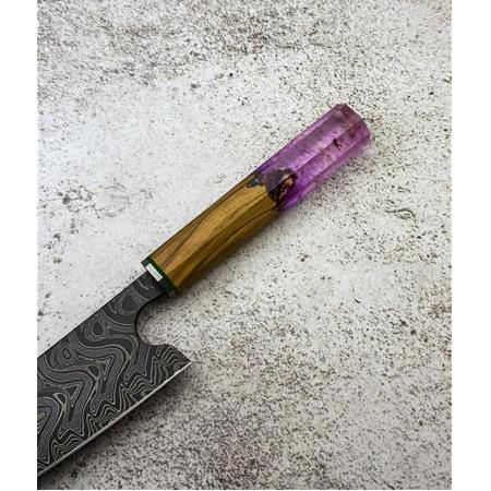 EL YAPIMI DAMASCUS ÇELİK ZEYTİN AĞACI VE EPOKSİ KABZELİ SANTOKU ŞEF AŞÇI BIÇAĞI KOD:CKR717-02