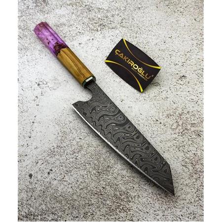 EL YAPIMI DAMASCUS ÇELİK ZEYTİN AĞACI VE EPOKSİ KABZELİ SANTOKU ŞEF AŞÇI BIÇAĞI KOD:CKR717-02