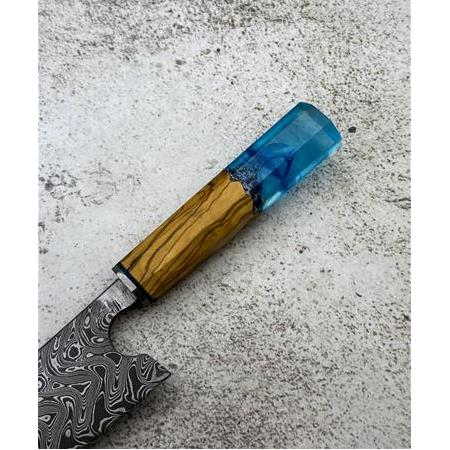 EL YAPIMI DAMASCUS ÇELİK ZEYTİN AĞACI VE EPOKSİ KABZELİ SANTOKU ŞEF AŞÇI BIÇAĞI KOD:CKR717