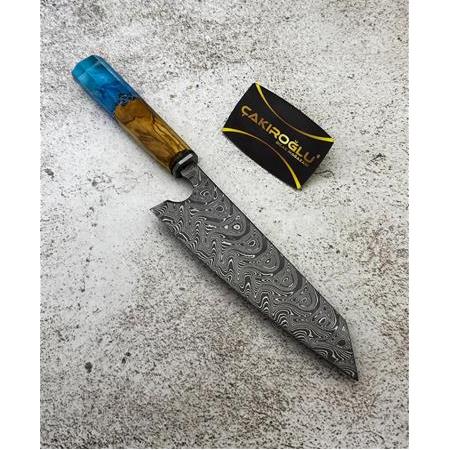 EL YAPIMI DAMASCUS ÇELİK ZEYTİN AĞACI VE EPOKSİ KABZELİ SANTOKU ŞEF AŞÇI BIÇAĞI KOD:CKR717