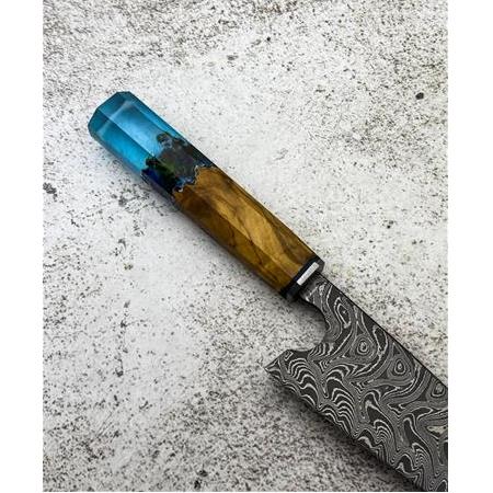 EL YAPIMI ÖZEL ÜRETİM DAMASCUS ÇELİK ZEYTİN AĞACI VE EPOKSİ KABZELİ ŞEF AŞÇI BIÇAĞI KOD:CKR716-02