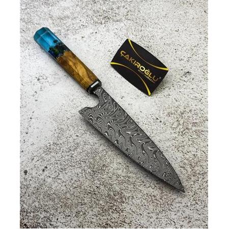 EL YAPIMI ÖZEL ÜRETİM DAMASCUS ÇELİK ZEYTİN AĞACI VE EPOKSİ KABZELİ ŞEF AŞÇI BIÇAĞI KOD:CKR716-02