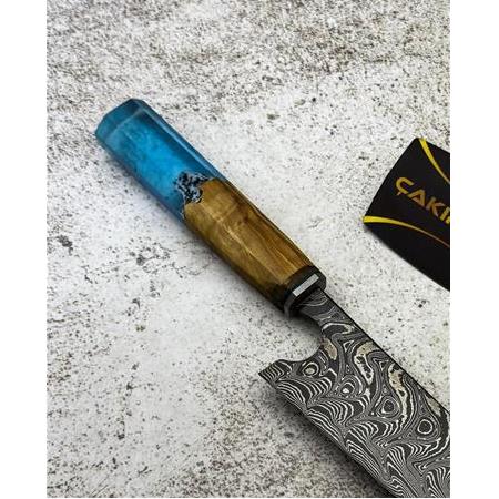 EL YAPIMI DAMASCUS ÇELİK ZEYTİN AĞACI VE EPOKSİ KABZELİ PROFESYONEL ŞEF AŞÇI BIÇAĞI KOD:CKR790