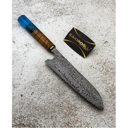 EL YAPIMI DAMASCUS ÇELİK ZEYTİN AĞACI VE EPOKSİ KABZELİ PROFESYONEL ŞEF AŞÇI BIÇAĞI KOD:CKR790-02