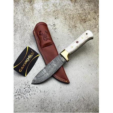 EL YAPIMI ÖZEL ÜRETİM DAMASCUS ÇELİK GEYİK BOYNUZU KABZELİ BUSHCRAFT AV KAMP BIÇAĞI KOD:CKR622-02