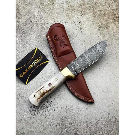 EL YAPIMI ÖZEL ÜRETİM DAMASCUS ÇELİK GEYİK BOYNUZU KABZELİ BUSHCRAFT AV KAMP BIÇAĞI KOD:CKR622-02