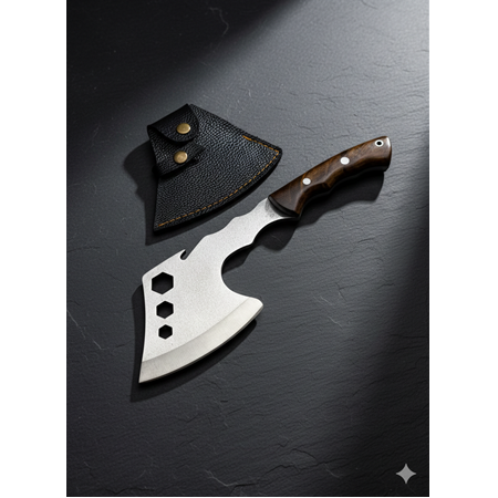 EL YAPIMI TAMAMEN YERLİ ÜRETİM PASLANMAZ ÇELİK DERİ KILIFLI AVCI AV KAMP BALTASI KOD:CKR521-02