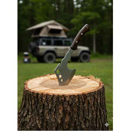 EL YAPIMI TAMAMEN YERLİ ÜRETİM PASLANMAZ ÇELİK DERİ KILIFLI AVCI AV KAMP BALTASI KOD:CKR521-02