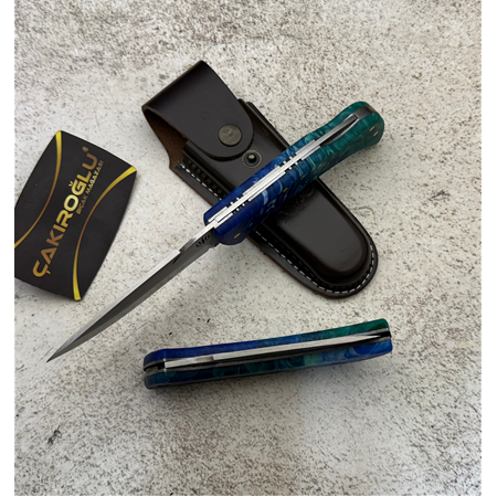 EL YAPIMI YERLİ ÜRETİM EPOKSİ KEHRİBAR KABZELİ SIRTTAN KİLİT SİSTEMLİ AV KAMP ÇAKISI KOD:CKR715-06