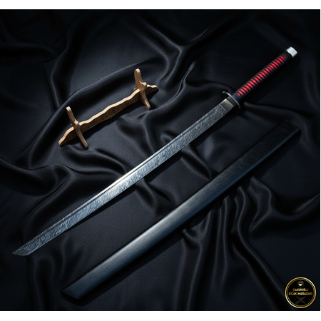 EL YAPIMI TAMAMEN ÜST DÜZEY VİP ÖZEL ÜRETİM DAMASCUS ÇELİK DERİ KIN’LI 90 CM KATANA KOD:CKR455-06